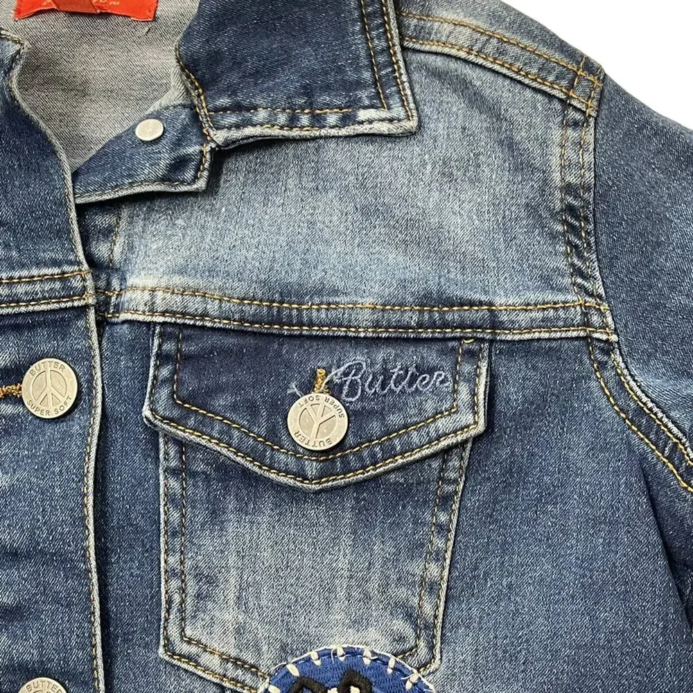 Butter Girls Dark Denim Jacket With Patches Large - Picture 2 of 6